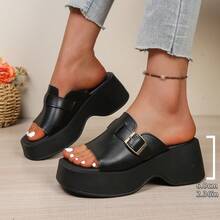 女士时尚坡跟拖鞋，复古软皮黑色凉鞋，新款法式粗跟凉拖，沙滩鞋 - 黑色 - 查看 6