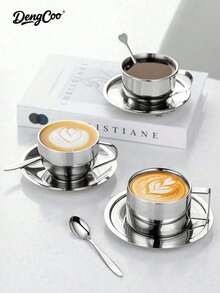 Dengcoo 3 PiecesCoffee Cup Set, Milanese Style Coffee Cup Set, Stainless Steel Coffee Cup With Saucer And Spoon, Ins Style Mug, Tea Cup, Espresso Cup, Pour Over Coffee Cup, Suitable For Holiday Gifts, Home And Back To School Season - Cup - View 2