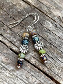 2 件花卉天然石耳环，波西米亚风金属彩色吊坠，女士日常派对休闲装配饰 - 彩色 - 查看 5