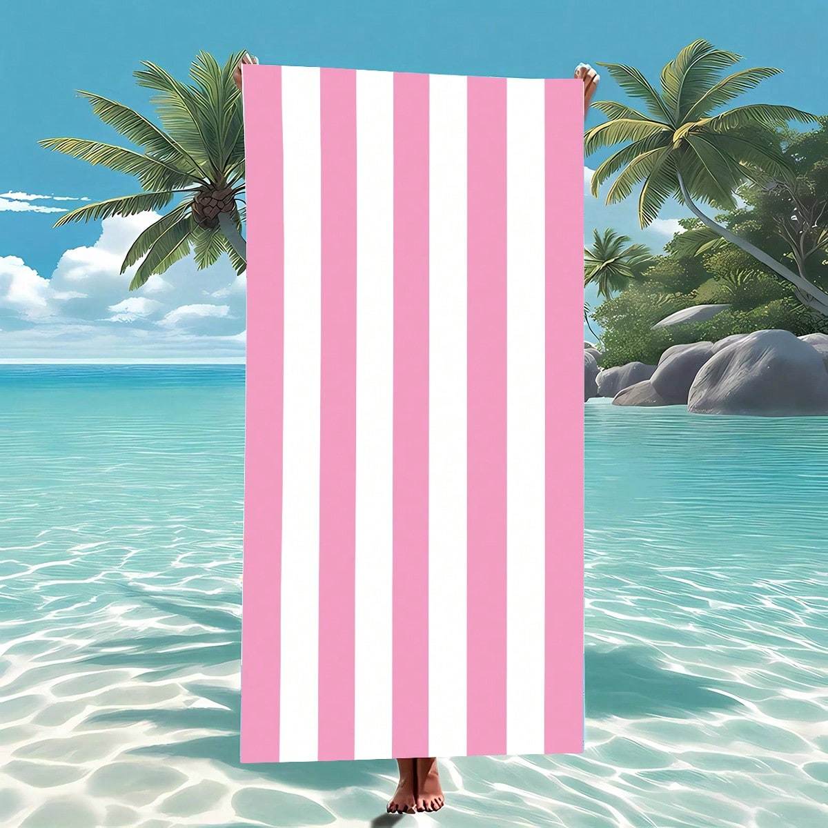 Large Pink Striped Beach Towel, Thickened Anti-Sand Soft Blanket, Suitable For Swimming Pool, Beach, Beach Towel, Bath Towel, Women's Shawl, Digital Printing Quick-Dry Bath Towel, Double-Sided Fleece Quick-Dry Bath Towel, Cute Pink And Blue Striped Super Absorbent Sports Towel, Portable Beach Towel,