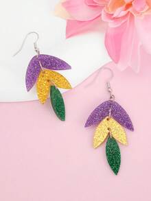 一对嘉年华紫色、黄色和绿色三色叶子亚克力耳环，完美的节日派对饰品