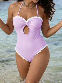 Women's Halter Neck Monokini Swimsuits Fashionable Dot Print Sleeveless Ruffle Bathing Suit - 紫羅蘭 - 查看 4