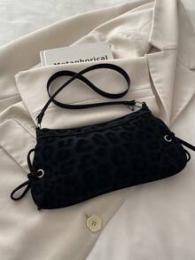 1pc Black Metal Rivet Decor Solid Leopard Print PU Baguette Shoulder Bag For Women, Winter New Arrival - Black - View 4