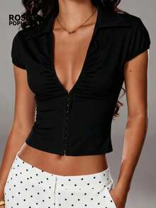 ROSIE POPHUB Women's Black Front Zipper Collar Fitted Sexy Casual Street T-Shirt, Spring/Summer New Arrival - Black - View 3