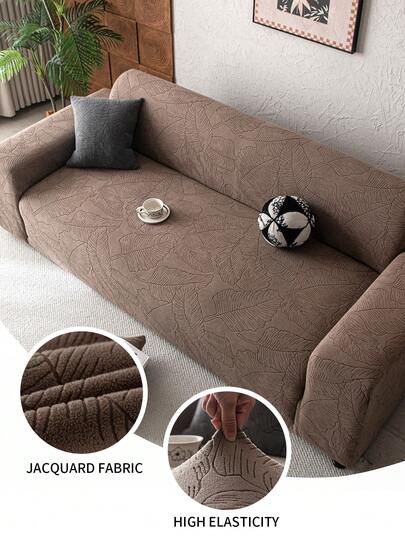 1pc Plush Velvet Leaf Pattern Stretch Sofa Cover (Including 1pc Pillow Case), Nordic Modern Style, Polyester Fiber, Dust-Proof, Non-Slip, Thick Sofa Slipcover, Suitable For 1/2/3/4 Seater Sofa, Especially Suitable For Autumn/Winter Sofa Decor