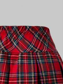 Girls Cartoon Pattern Knit T-Shirt And Pleated Plaid Skirt Set - Red - View 4