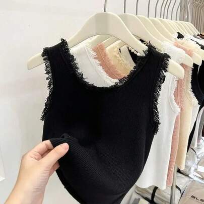 Camiseta sin mangas de punto liso para mujer, ropa interior de seda helada con cuello en U y borlas, chaleco elástico ajustado, verano 2026