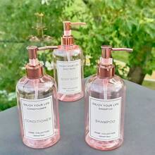 3pcs 500ml/16oz Rose Pink Refillable Pump Bottles, With Rose Gold Pump Heads, For Shampoo, Body Wash, Conditioner, Hotel Bathroom Lotion Dispenser, With Waterproof Labels - Translucent Pink - View 2