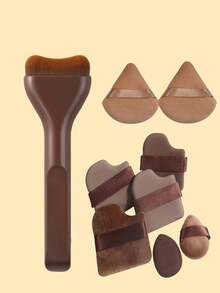 10件套化妆刷套装包含2支密实柔软的粉底刷、6个小巧的化妆海绵和2个散粉扑。专业粉底刷，适用于液体和膏状产品。