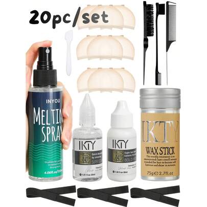 20 piezas Kit de herramientas para peinar pelucas de encaje, incluye pegamento de encaje, removedor de pegamento de encaje, barra de cera y spray para derretir - Conjunto para fijar pelucas, línea del cabello y vello facial