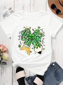 St Patrick's Day Lucky Tea And Lucky Teacher T Shirt With Green Bow And Clover Design For Women - 白色 - 查看 3