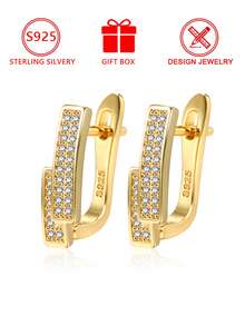 1pc 925 Sterling Silver Women's Silver/Gold Dual-Tone Fully Paved Cubic Zirconia Geometric Hoop Earrings (Sparkling Geometric Style), Gift Box, Suitable For Daily Wear And Holidays - Gold - View 10