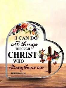1pc Christian Plaque, Inspirational Acrylic Card Gift For Women, "I Can Do All Things Through Christ Who Strengthens Me", Acrylic Heart-Shaped Card, Gift For Friends, Home Office Decor Inspiration, Room Decor, Aesthetic Room Decor, Bedroom Decor - Multicolor - View 5