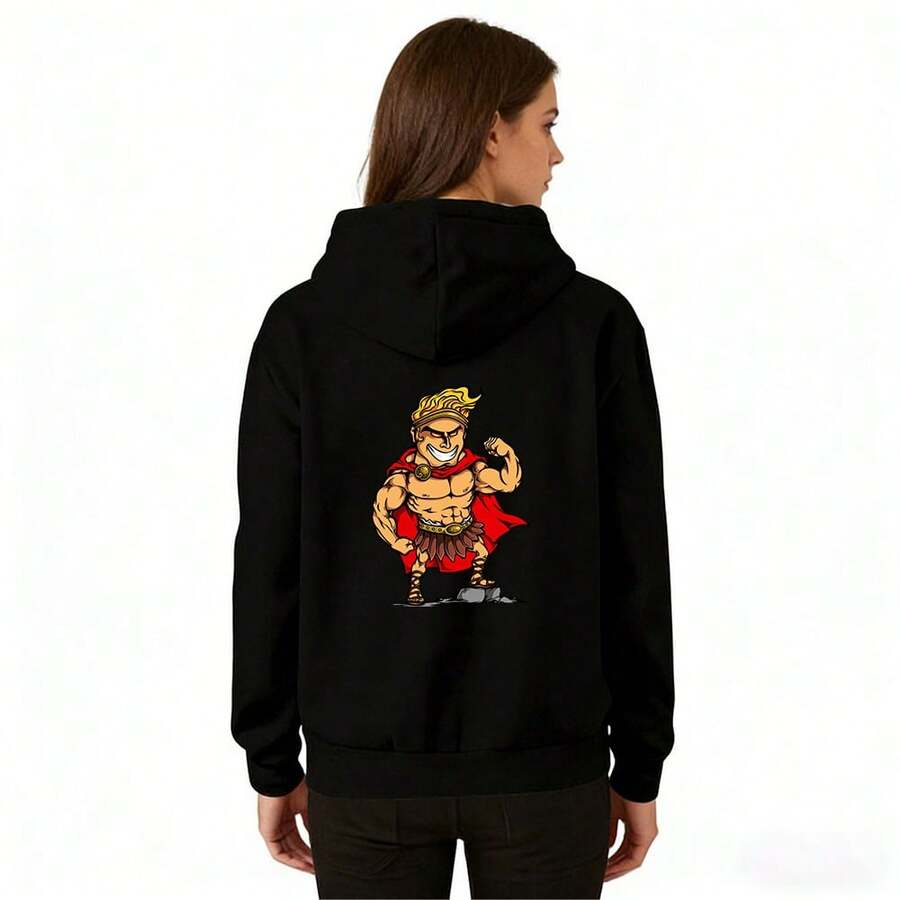 Unisex 100% Cotton 300G Heavyweight Hoodie Cartoon Muscular Hero Print Casual Pullover Sweatshirt - màu đen - Xem 1