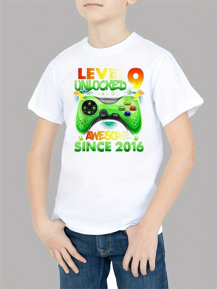 Camiseta gráfica de juego desbloqueada de nivel 9 para niños - Poliéster suave, cuello redondo, manga corta - Perfecta para jugar en verano, deportes y ropa casual, camiseta de juego - Blanco - Añade 7