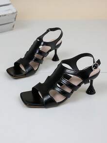 Chunky Heel Party Sandals | Black Square Toe Metal Buckle Shoes - Black - View 2