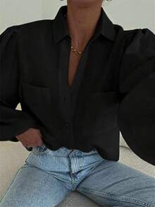 优雅女士长袖白色薄纱雪纺复古时尚休闲衬衫/上衣，适合春夏、节日/情人节穿着，黑色 - 黑色 - 查看 5