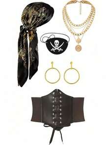 5pcs Halloween Pirate Costume Set, Including (1 Brown Belt, 1 Black Headband, 1 Earring, 1 Eye Patch, 1 Necklace), Suitable For Role Play, Halloween Events, Parties, Balls, Gatherings - Multicolor - View 6