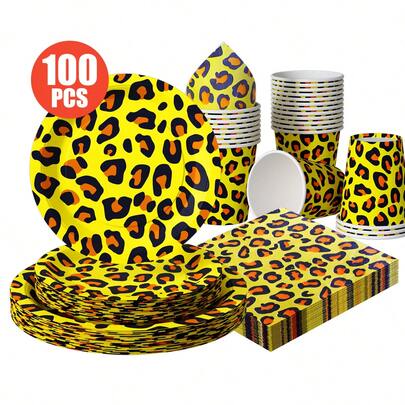 一套黄色豹纹一次性餐盘、餐巾纸、纸杯，适合25位客人使用，一次性纸盘派对用品，适用于生日、婚礼、主题派对、家庭野餐等场合。