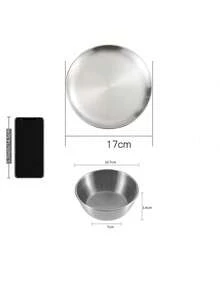 2pcs Korean Style Dining Bowl, Outdoor Eating Plate, Gold Color Small Bowl, Commercial Creative Soup Bowl, Stainless Steel Hot Pot Dipping Sauce Bowl, Bowl & Plate Set - Silver - View 7