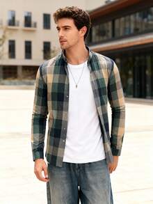 Camisa abotonada a cuadros de manga larga para hombre, corte ajustado y cómoda, adecuada para otoño e primavera, se puede usar en ocasiones diarias o de negocios. - Verde - Ver 3