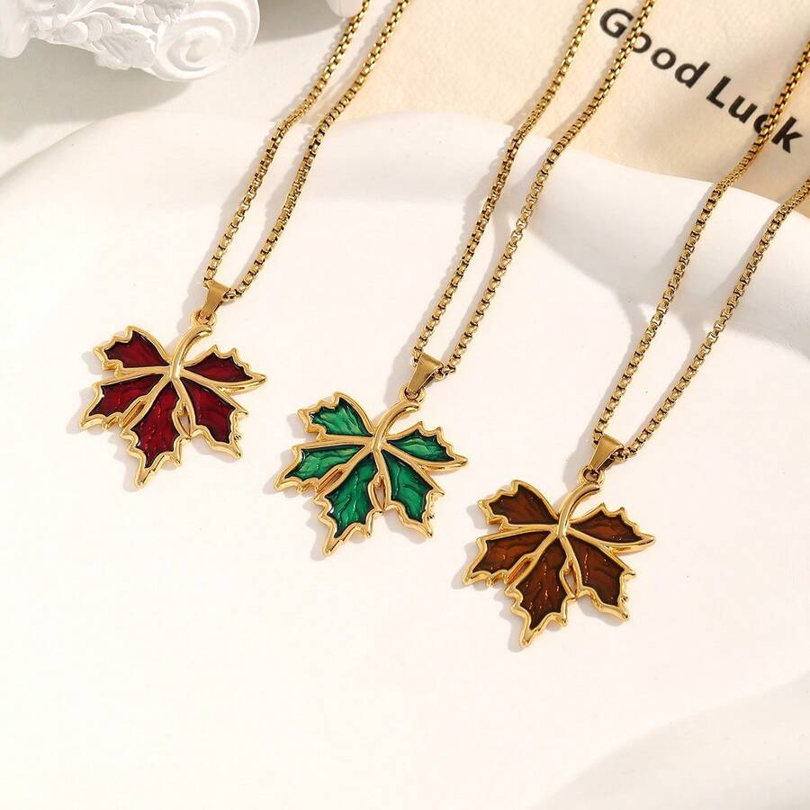 一条简约别致的304不锈钢枫叶项链，可作毛衣链佩戴，轻盈奢华，百搭日常百搭。 - 金色 - 查看 1