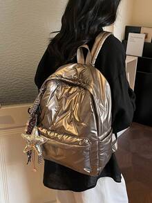 Gold Color Student Backpack, Brand New Fashion Classic College Style, Solid Color Design, Decorated With Rhombus Pattern And Gold Star Pendant. Large Capacity Design, Multiple Pockets, Suitable For Travel And Vacation, Ideal Choice For Campus Use During School Term, Also Suitable For Short-Distance Travel. - Gold - View 4