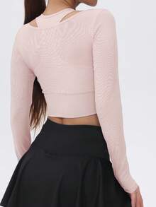 1pc Women Mesh Long Sleeve Cropped Yoga Active T-Shirt With Padded Bust - 粉色 - 查看 6