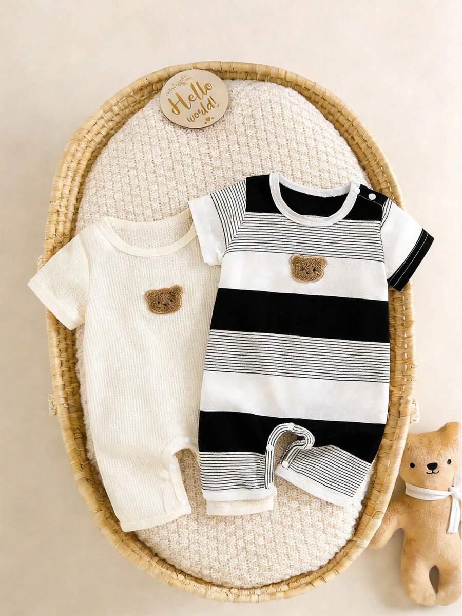 2件套新生男宝宝夏季刺绣小熊条纹纯色华夫格连体衣套装 - 杏色 - 查看 1