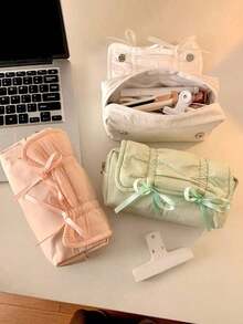 Valentine's Day1pc Fashion Ballerina Bow Design Pull-Out Pencil Case, Large Capacity Desktop Flip-Top Pencil Box, Suitable For Storing Pens, Erasers, Pencils, Markers And Other Stationery, Can Also Hold A Water Bottle On The Side. Suitable For School, Tutoring Classes, Office, Elementary And Middle School Students, Boys And Girls, Office Workers, Also A Great Back-To-School Gift. Back To School Season, School Supplies, Pencil Case, Backpack - 彩色 - 查看 3