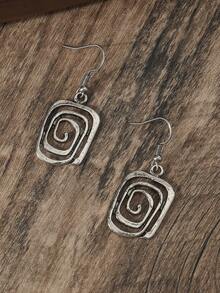 1 对复古风格金属几何圆形、方形、空心、螺旋形吊坠耳环，适合日常使用 - 復古銀色 - 查看 6