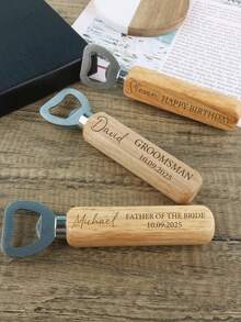Customized Text/Logo Wooden Bottle Opener, Personalized Wedding Gift And Party Favor, Groomsmen/Bridesmaids Gift, Father's Day Gift For Dad, Stainless Steel And Wood Kitchen Tool - Multicolor - View 7