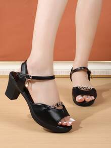 Soft Leather High Rhinestone Heels Sandals, Buckle Strap, Chunky Mid Heel, Versatile, Suitable For Work, Summer - Black - View 7