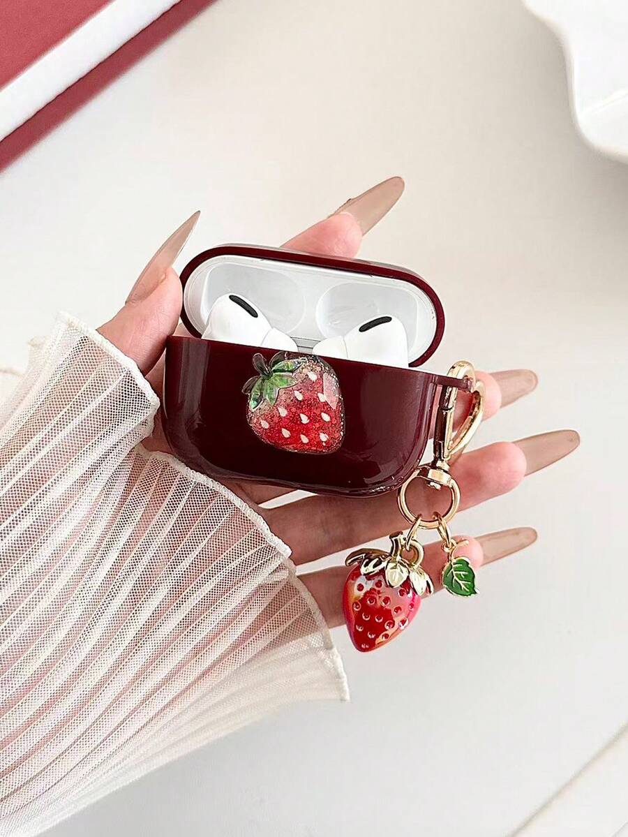 Strawberry Painted Wine Red Bluetooth Earphone Case Compatible With AirPod Case, Headphones, Pro 3 Case, Pro (2nd Generation), 3, Pro, 1/2, 4 Case Cover - Multicolor - View 1
