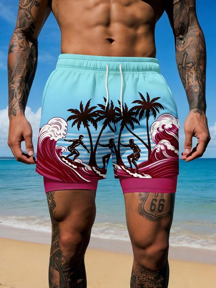Men's Wave Print Double Layer Casual Beach Shorts - Multicolor - View 1