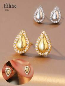 一对闪亮立方氧化锆水滴形耳钉，优雅创意，时尚女士耳环，适合日常佩戴 - 水滴耳釘 - 查看 2