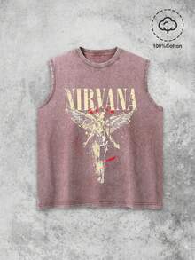 Men's Printed Vintage Washed Vest, Loose Fit, Casual Street Style, A Must-Have For The Gym. - Coffee Brown - View 1