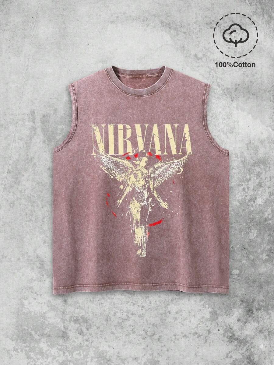 Men's Printed Vintage Washed Vest, Loose Fit, Casual Street Style, A Must-Have For The Gym. - Coffee Brown - View 1