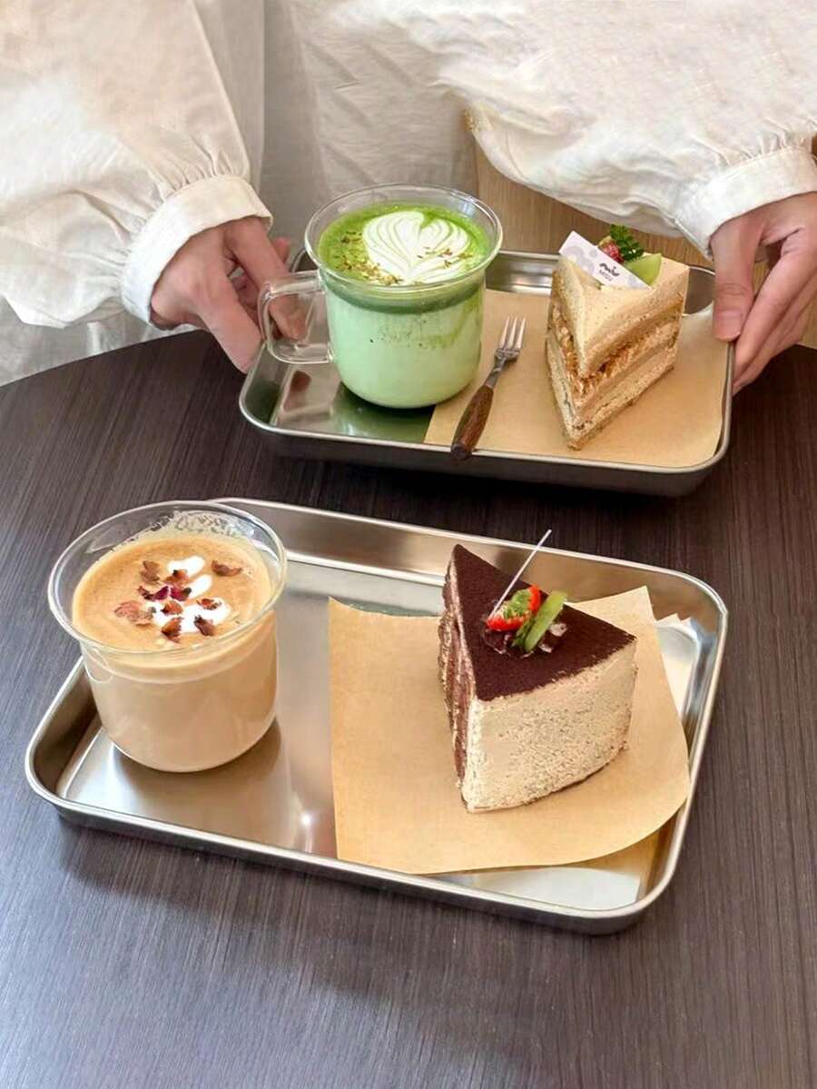 1pc Stainless Steel Rectangular Coffee Tray, 304 Stainless Steel Kitchen Coffee Shop Tray, Cake Dessert Plate, Dinner Plate, Dim Sum Tray, Courtyard Reception Plate - Silver - View 1