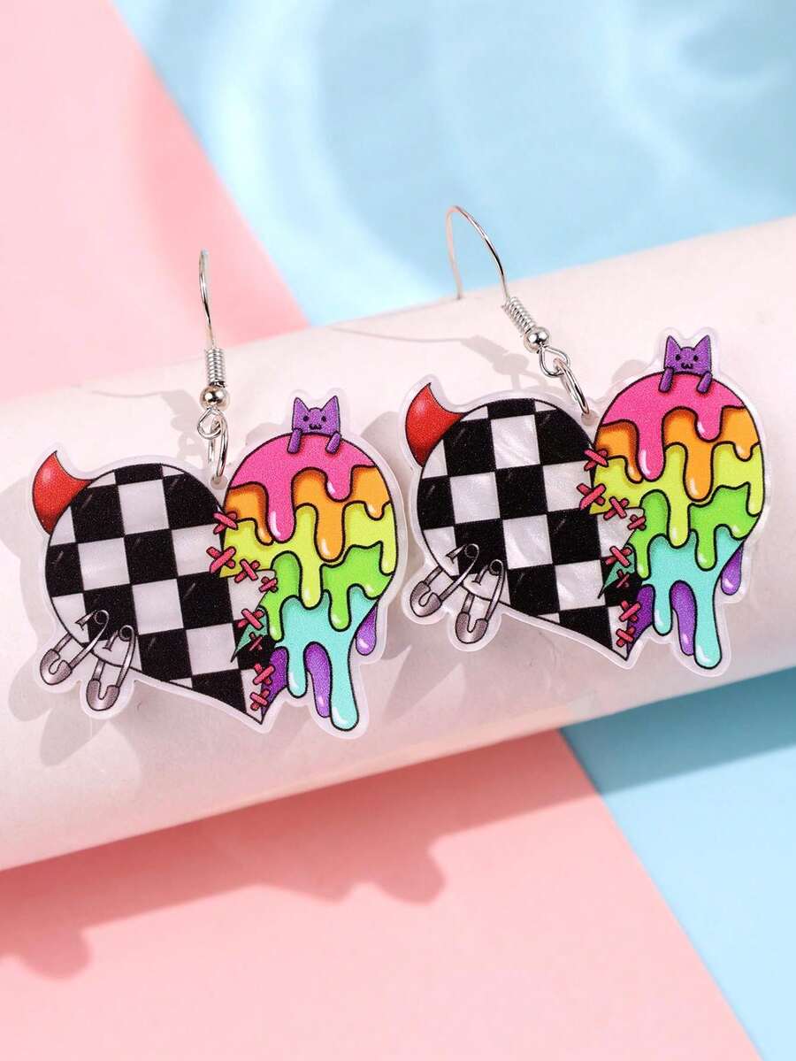 1 Pair Fashionable, Unique, Elegant, High-End, Creative Y2K Vibrant Heart & Plaid Earrings, Suitable For Daily Wear, Festivals, Parties - Multicolor - View 1