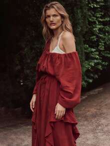 Women's Fall Ruched Dress Elegant Solid Color Long Sleeve Scoop Neck Loose Fit Dress For Daily Event Wear - Red - View 9