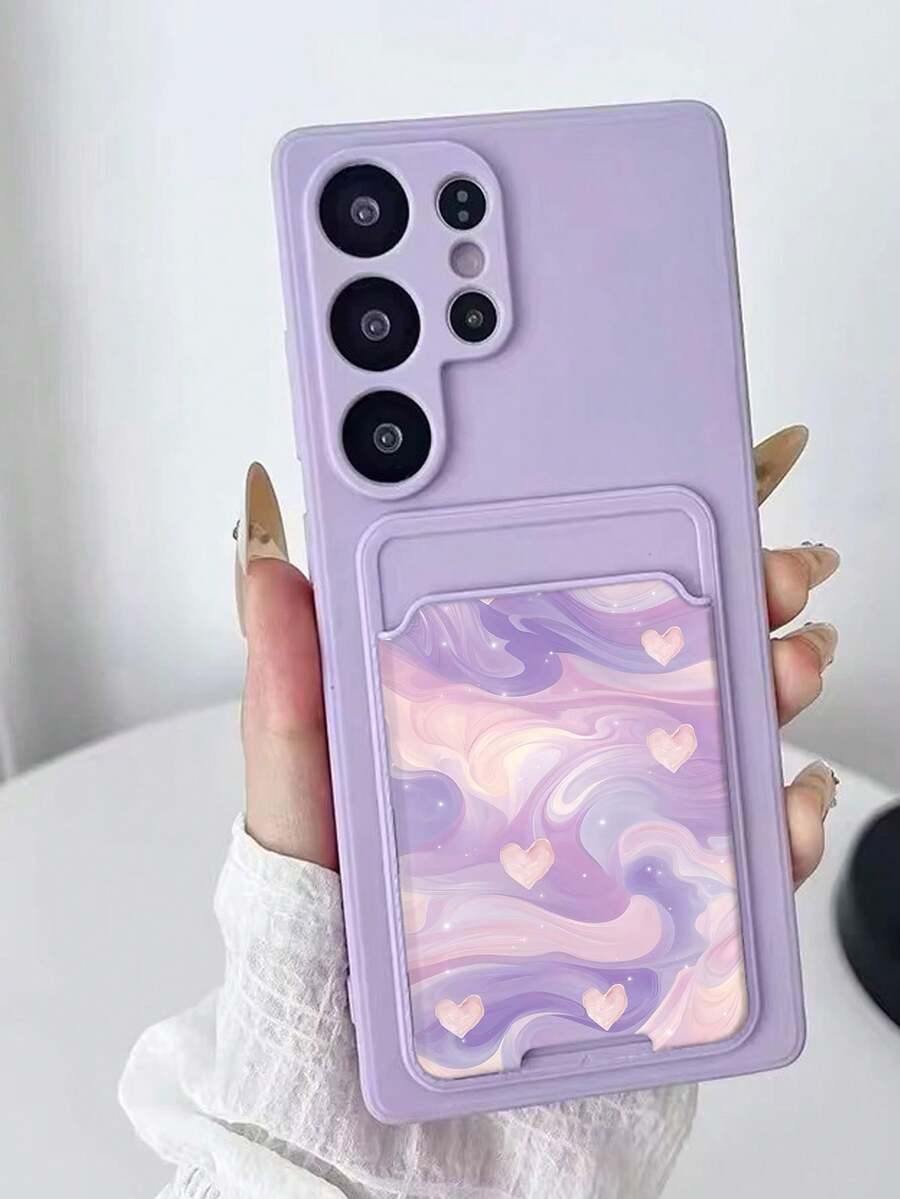 1个纯紫色TPU防震手机壳和1个紫色大理石纹心形图案粘性卡套，二合一时尚创意手机壳，适合作为生日、节日、周年纪念礼物送给女友/男友、闺蜜、配偶、伴侣、家人、同事、学生、老师。 - 彩色 - 查看 1