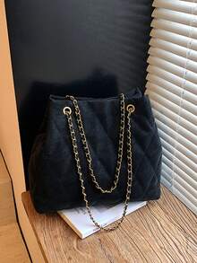 Large Capacity Fashion Tote Bag, Padded, Embroidered Quilted, Soft, Winter Chain Strap Shoulder Crossbody Bag For Women