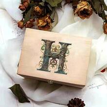 Caja de almacenamiento de madera para escritorio, embalaje de regalos de mayor calidad, estuche de joyería, organizador de almacenamiento de madera Retro, patrón de letras gráficas - J - Ver 17