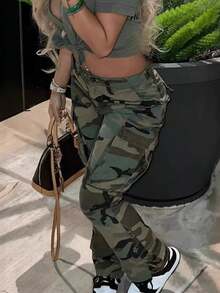 High-Waisted Straight-Leg Camouflage Work Pants For Women. Slimming And Versatile.  And Fashionable. Essential For Daily Casual Wear. Ideal Christmas Gift. - 墨綠色 - 查看 7