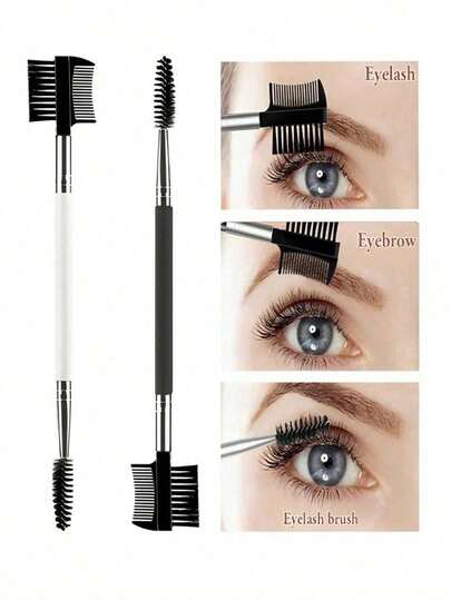 3件套眉睫修容套装 - 包括眉刷、睫毛分离刷和睫毛夹。用于修饰眉形和分离睫毛的化妆工具。