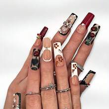 NailLush 10 PCS Handmade Square Press-On Nails | Vintage Sweet Beige-Brown-Red Acrylic Nails, 3D Cherry & Pearl Embellished Tie-Dye Leopard Texture - 棕色 - 查看 2