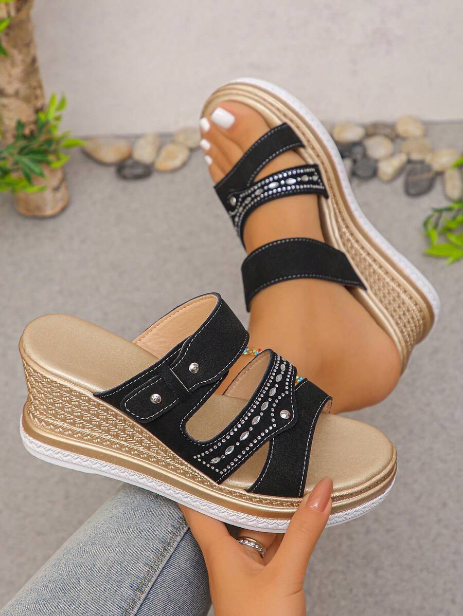 New Women's Fashion Casual Comfortable Simple Black Wedge Increased Height Travel Hemp Rope Versatile Middle-Aged Mother Slippers - Black - View 1