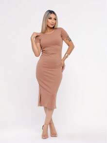 Vestido Feminino Canelado Midi Fenda lateral Casual e Elegante Manga Curta - Canela - Visão 5