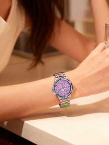 Guess Crystal Queen Series Women's Quartz Watch, Hollow Dial, Stainless Steel Case, 40mm Diameter, Elegant Ladies Watch, Suitable For Daily Wear, Birthday, Anniversary, Valentine's Day Gift - Purple - View 3